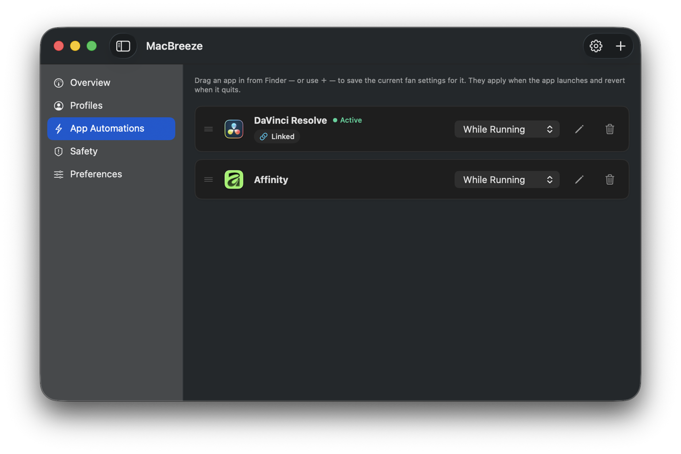 MacBreeze App Automations tab showing DaVinci Resolve and Affinity with per-app fan behavior