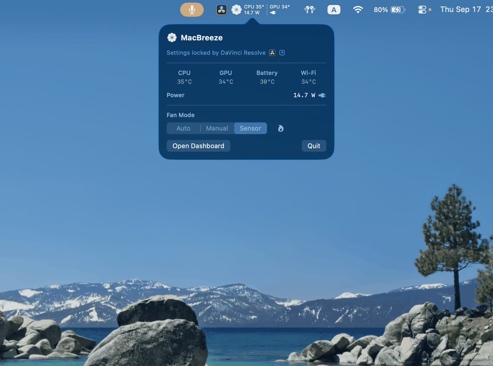 The MacBreeze menu bar panel showing the active profile, Fans Linked status, CPU, GPU, battery, and Wi-Fi temperatures, power draw, and the Auto, Manual, and Sensor fan mode picker beside the Blast button