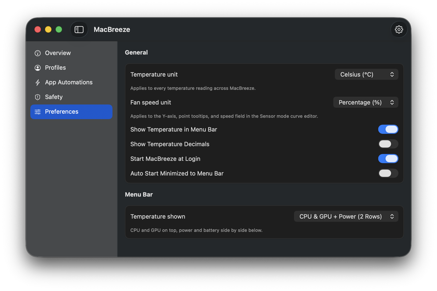 MacBreeze Preferences tab showing temperature units, menu bar display, and startup options