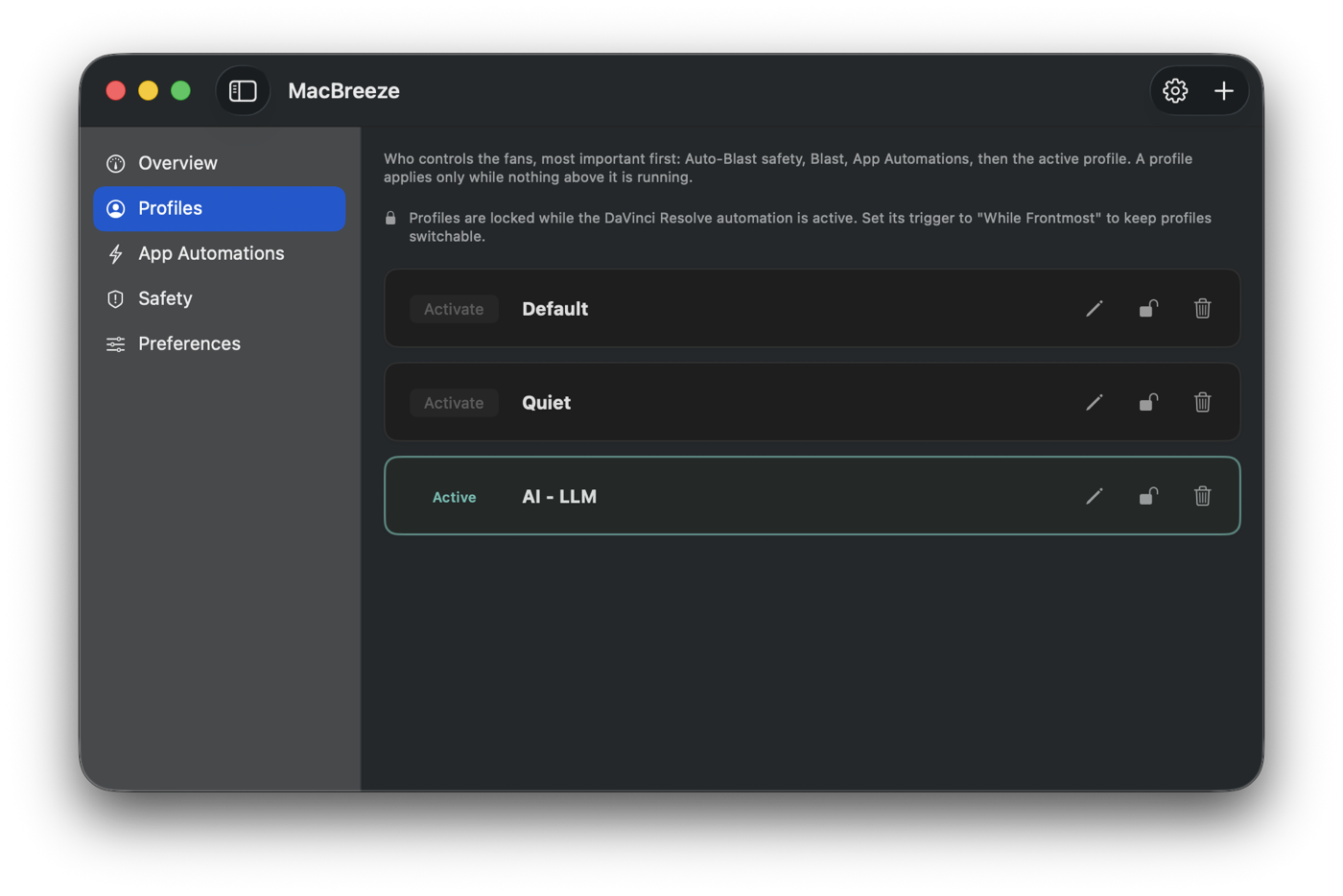 MacBreeze Profiles tab showing Default, Quiet, and AI - LLM speed profiles